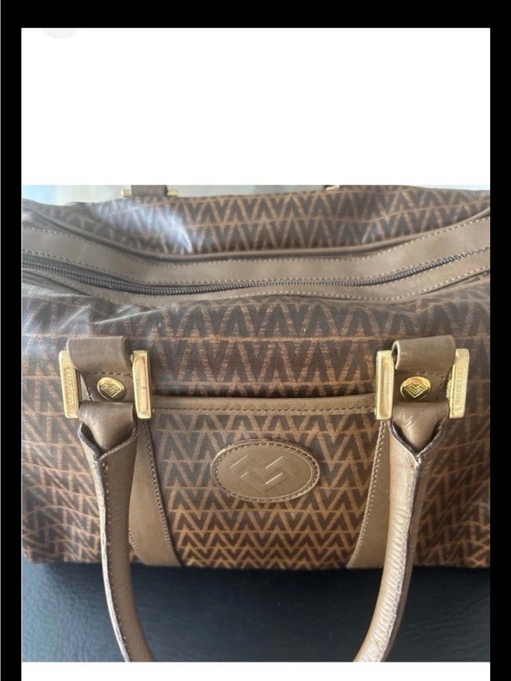 Mario Valentino Brown Monogram Satchel with Gold-Tone Accents - Picture 7 of 8
